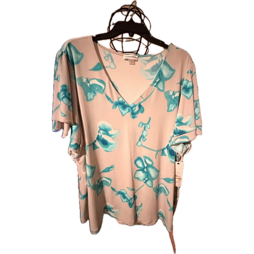 Calvin Klein Womens 3X Floral V-Neck Flutter Sleeve Blouse Turquoise Cream New